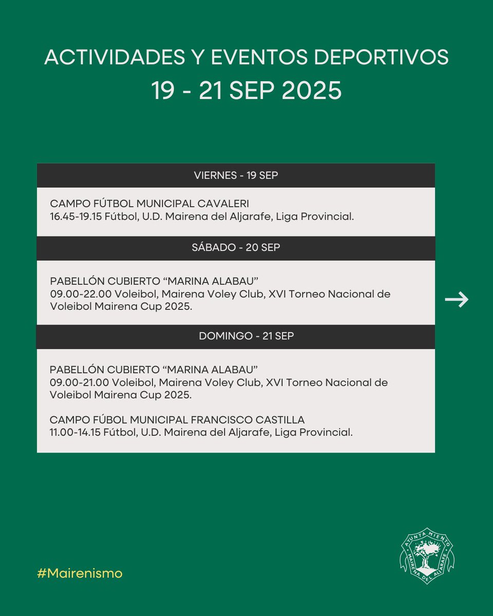 🗓️✨ ¡Ya está aquí la 𝗮𝗴𝗲𝗻𝗱𝗮 𝗱𝗲𝗽𝗼𝗿𝘁𝗶𝘃𝗮 de esta semana en #Mairena!

Échale un ojo, agenda las actividades y anima a nuestros clubes deportivos 👏🏻👏🏻
#Mairenismo