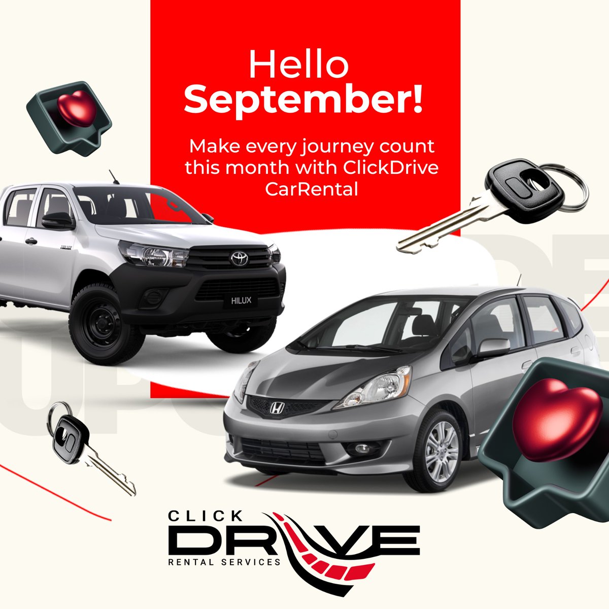ClickdriveZim's tweet image. ✨ Hello, September! ✨
Make every journey count this month with ClickDrive Car Rental 🚗💨

✅ Affordable daily &amp;amp; weekly rates
✅ Wide range of cars – from city drives to weekend getaways
✅ Easy booking in minutes

Whether it’s back-to-work commutes, road trips, or family…