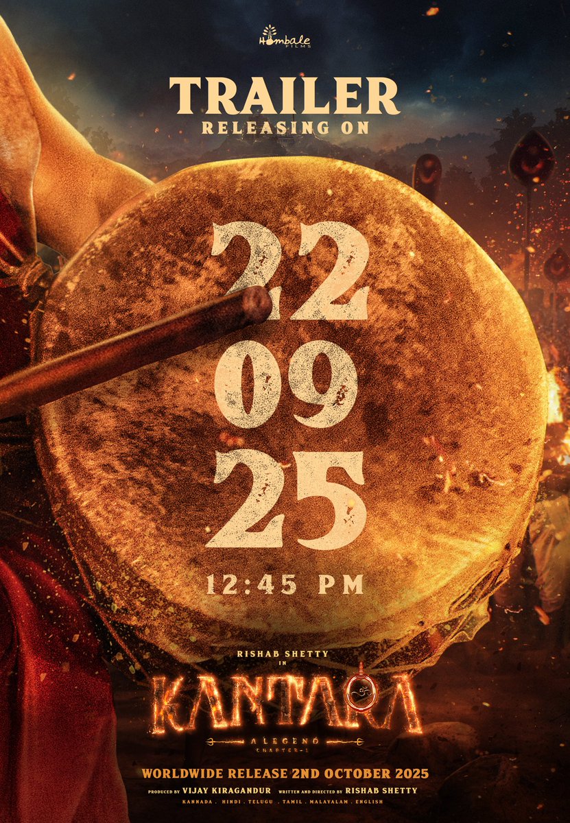 KantaraFilm's tweet image. ಕಾಂತಾರ ಅಧ್ಯಾಯ 1 ದರ್ಶನಕ್ಕೆ ಕ್ಷಣಗಣನೆ. 
ಇದೇ 22nd, ಮಧ್ಯಾಹ್ನ 12:45ಕ್ಕೆ. 
Get a glimpse into the world of #KantaraChapter1 &amp;amp; witness the rise of a LEGEND 🔥

 #KantaraChapter1Trailer on September 22nd at 12:45 PM.

Subscribe &amp;amp; stay tuned to: bit.ly/HombaleFilms

In cinemas…