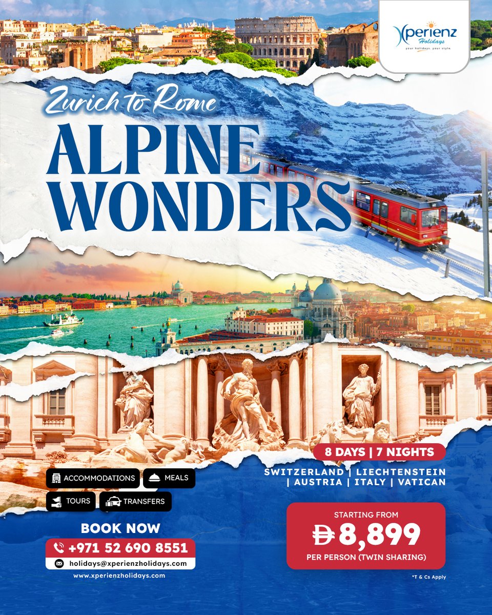 XperienzHoliday's tweet photo. Swiss Peaks to Italian Streets! 7N/8D across Switzerland, Tyrol, Padova, Tuscany & Rome.
Book now at https://t.co/3cfjaGWbY3!
📞+971 52 690 8551 | 📩holidays@xperienzholidays.com
*T&Cs apply
#TravelWithXperienz #XperienzHolidays #SwissToRome #EuropeTour #WinterVacation #Swisstour https://t.co/08BnStWv4n