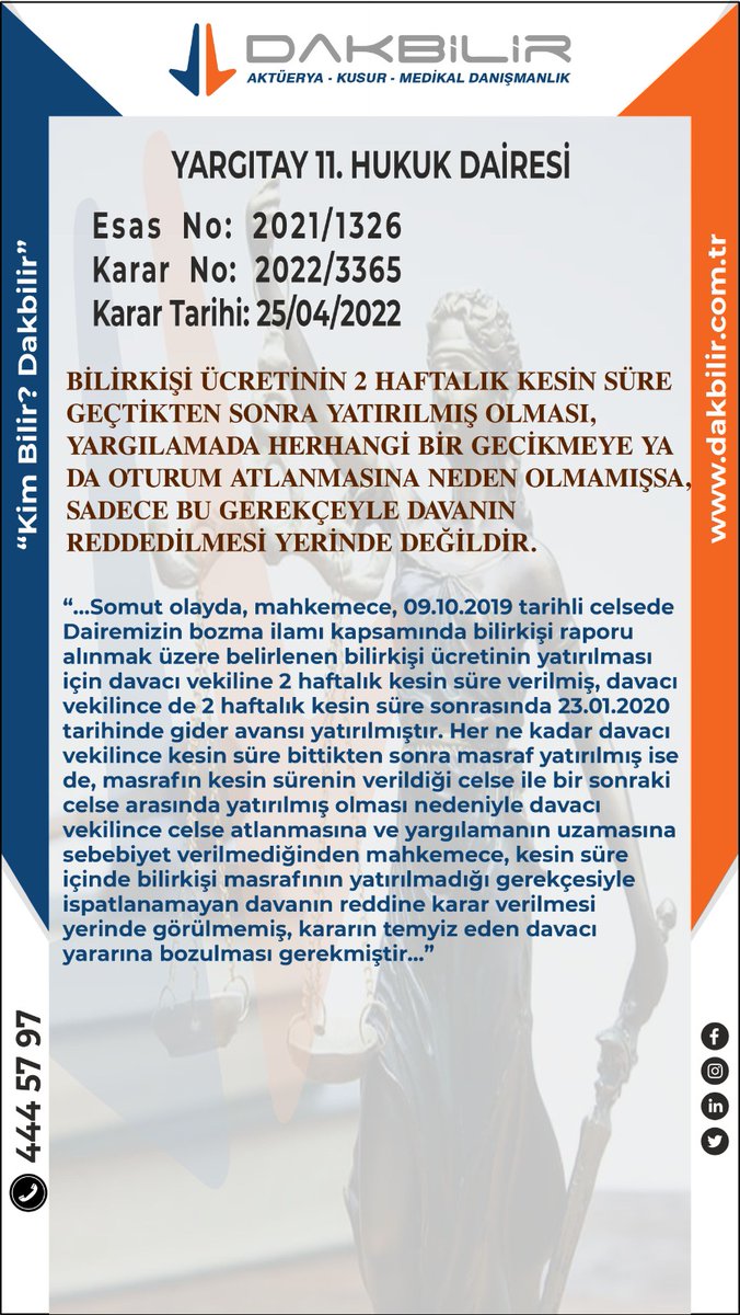 Dakbilircom's tweet photo. BİLİRKİŞİ ÜCRETİNİN 2 HAFTALIK KESİN SÜRE GEÇTİKTEN SONRA YATIRILMIŞ OLMASI YARGILAMADA HERHANGİ BİR GECİKMEYE YA DA OTURUM ATLANMASINA NEDEN OLMAMIŞSA, SADECE BU GEREKÇEYLE DAVANIN REDDEDİLMESİ YERİNDE DEĞİLDİR.
#bilirkişi #ücreti #kesin #süre #gecikilmesi #davanın #reddi #hukuk https://t.co/SZjR5cHPVk