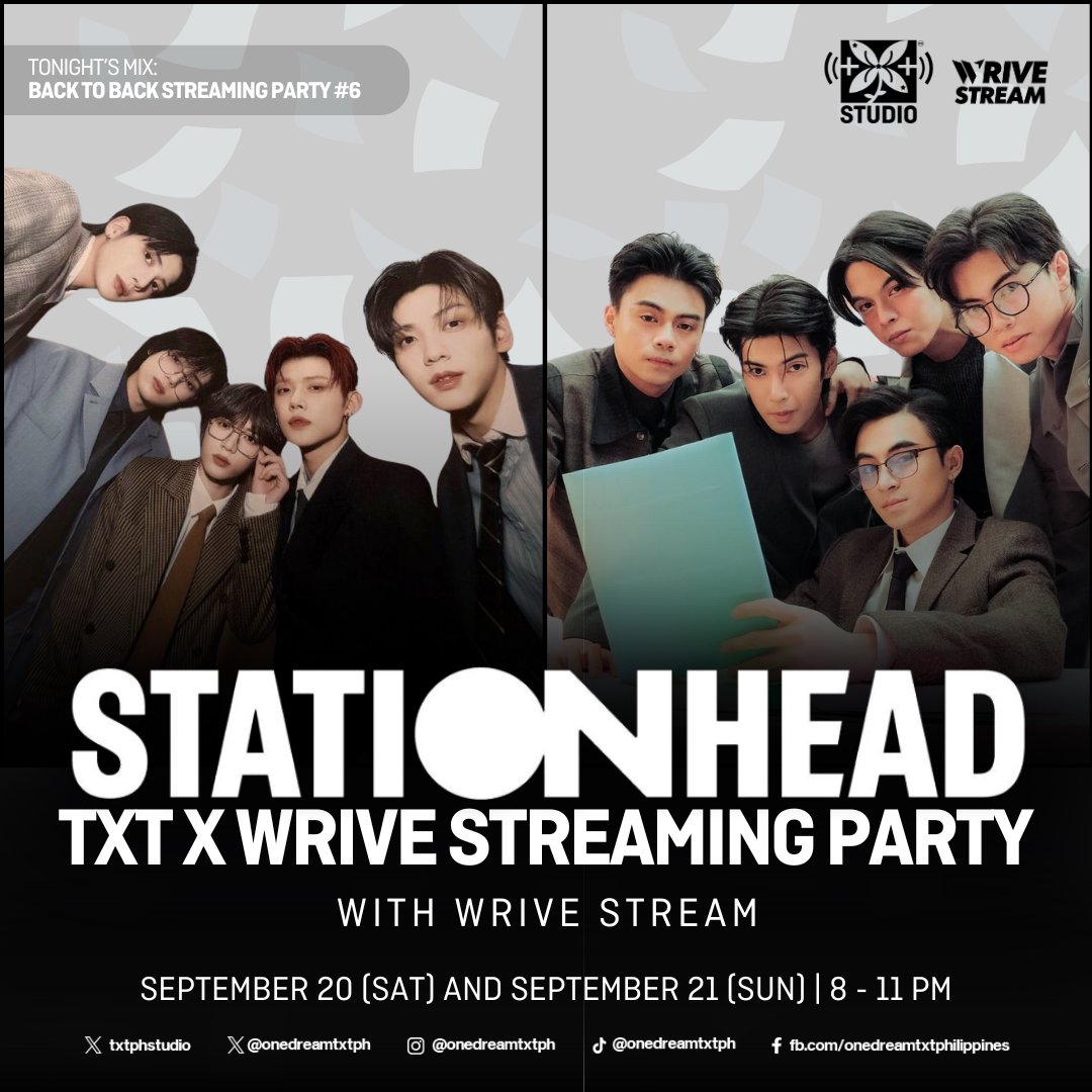 Got any weekend plans? 👀

With our friends over at <a href="/wrivestream/">WRIVE STREAM</a>, we've prepared back-to-back streaming parties filled with <a href="/TXT_members/">TOMORROW X TOGETHER</a> and <a href="/wriveph/">WRIVE PH</a> hits for this weekend! ❤️‍🔥

D1: stationhead.com/wrivecentral
D2: stationhead.com/txtphstudio

📅 SEP 20-21, 2025 | 8-11 PM

#TXTxWRIVE