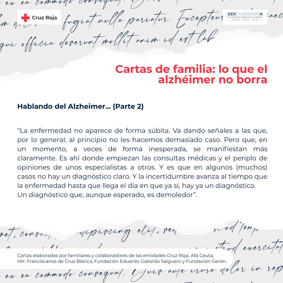 Ayer compartimos fragmentos de cartas anónimas de familiares y colaboradores de distintas entidades de Ceuta. Hasta el domingo, #DíaMundialdelAlzheimer, publicaremos estos testimonios que merecen ser escuchados. 
#NovedadesSerCuidadorA #DiaMundialDelAlzheimer #IgualandoDerechos