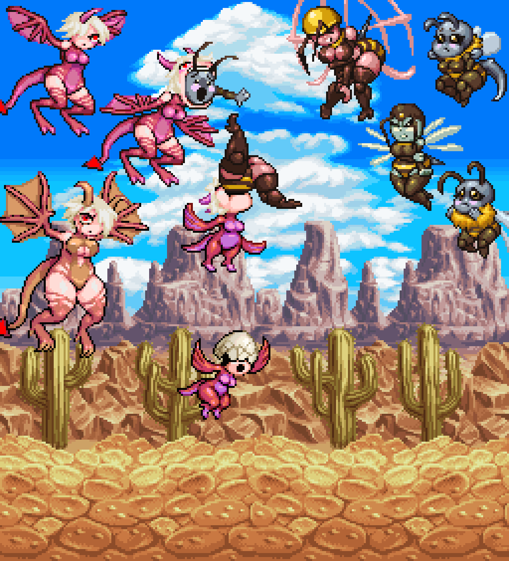 Bee girls and Dragonesses had a life long rivalry
You can check our videogame for free in the link below.
You will not find the dragonesses in there since they are extinct, but the Queen Bee still hides around.

ziliock.itch.io/angler-girl