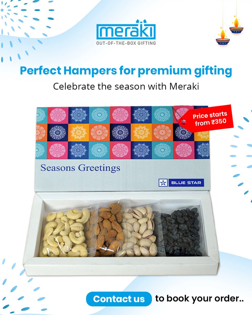 Meraki_Merch's tweet photo. Celebrate the season with Meraki’s Premium Dry Fruit Hampers! 🎁
Perfect for corporate gifting &amp; loved ones – starting at just ₹350.

🎀 Custom Branding
🎊 Elegant Packaging
🚚 Bulk Orders Welcome

💌 DM us to place your order today!

#MerakiGifting #Diwali2025 #CorporateGifting https://t.co/cJY00mizBS