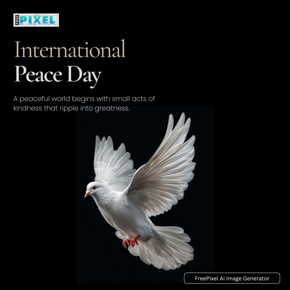 freepixel_com's tweet photo. 🕊️ Peace begins with creativity.
This #InternationalPeaceDay, design a world full of hope & harmony with FreePixel AI Image Generator.
👉 https://t.co/6ucYEoYwIO
#PeaceDay #AIart #CreateForPeace https://t.co/EY4yr9yjBI