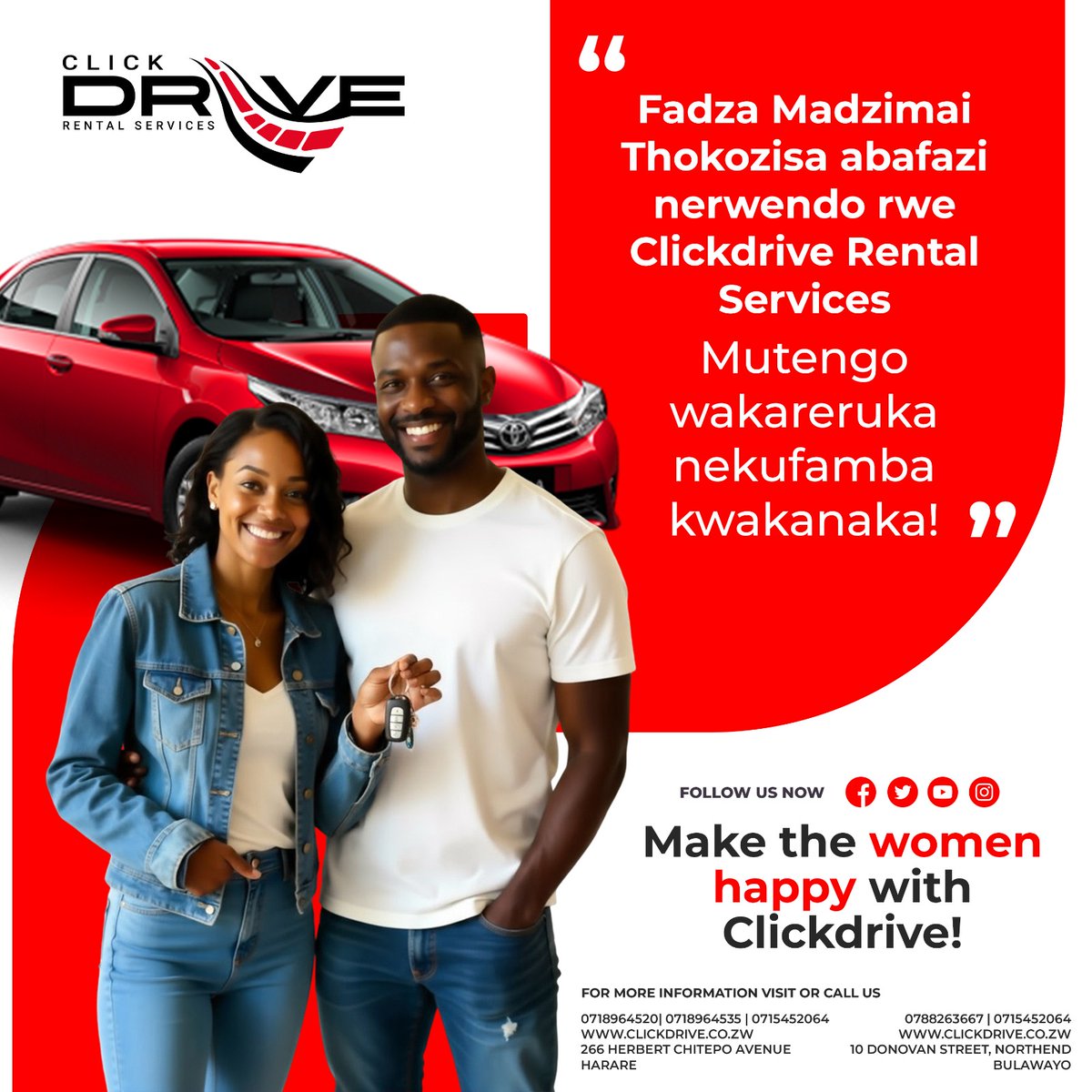 ClickdriveZim's tweet image. 🚗✨ 𝐅𝐚𝐝𝐳𝐚 𝐌𝐚𝐝𝐳𝐢𝐦𝐚𝐢 / 𝐓𝐡𝐨𝐤𝐨𝐳𝐢𝐬𝐚 𝐚𝐛𝐚𝐟𝐚𝐳𝐢!
Make every journey special with 𝘾𝒍𝙞𝒄𝙠𝒅𝙧𝒊𝙫𝒆 𝑹𝙚𝒏𝙩𝒂𝙡 𝙎𝒆𝙧𝒗𝙞𝒄𝙚𝒔 – affordable prices, smooth rides, and memories worth sharing. 𝐌𝐚𝐤𝐞 𝐭𝐡𝐞 𝐰𝐨𝐦𝐞𝐧 𝐡𝐚𝐩𝐩𝐲!❤️‍🔥.

𝑩𝒐𝒐𝒌 𝒚𝒐𝒖𝒓…