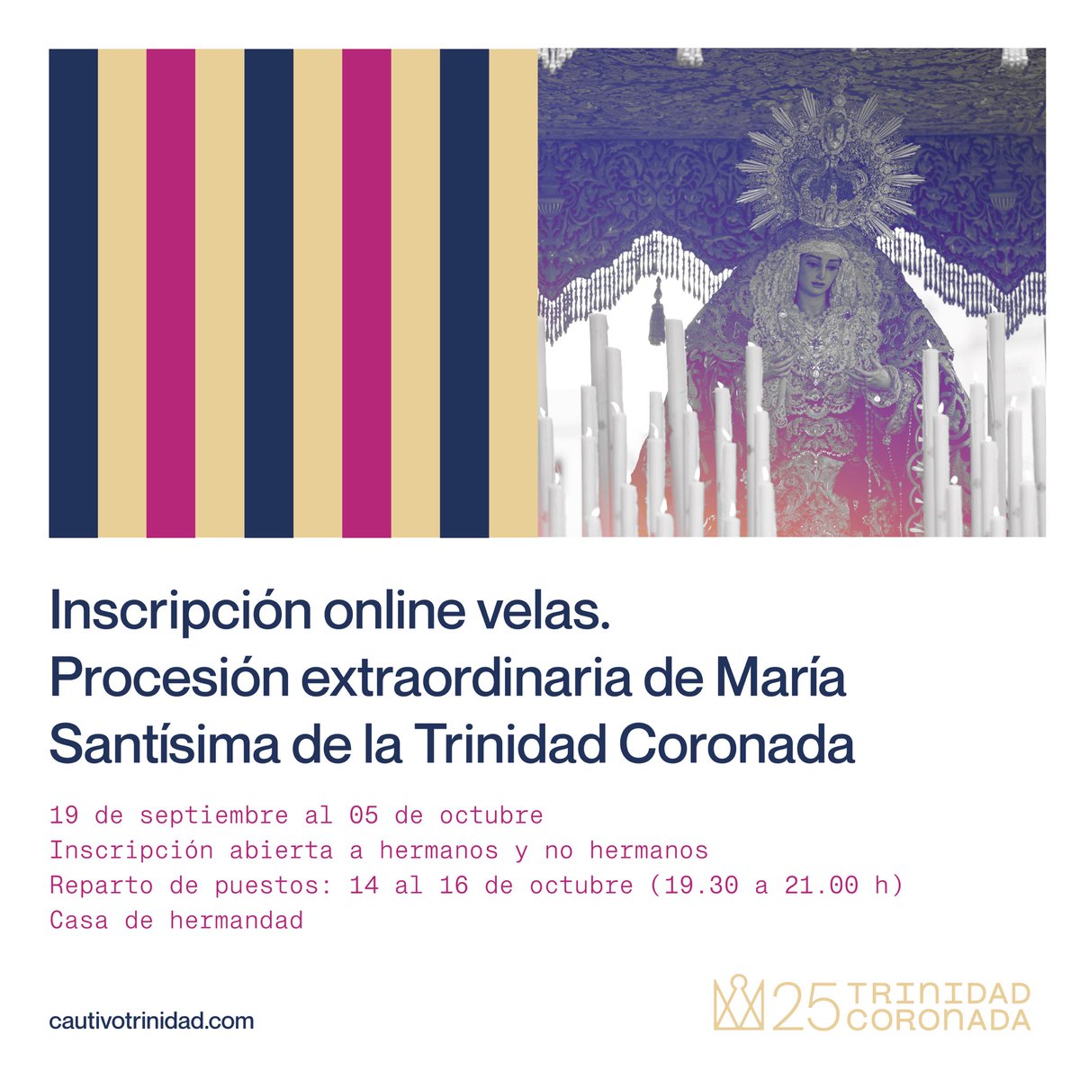 #25TrinidadCoronada - Los hermanos y devotos que quieran acompañar con una vela a María Santísima de la Trinidad Coronada en su procesión extraordinaria pueden inscribirse hasta el 5 de octubre a través de este formulario online.

👉🏼 docs.google.com/forms/d/e/1FAI…

Inscripción abierta a
