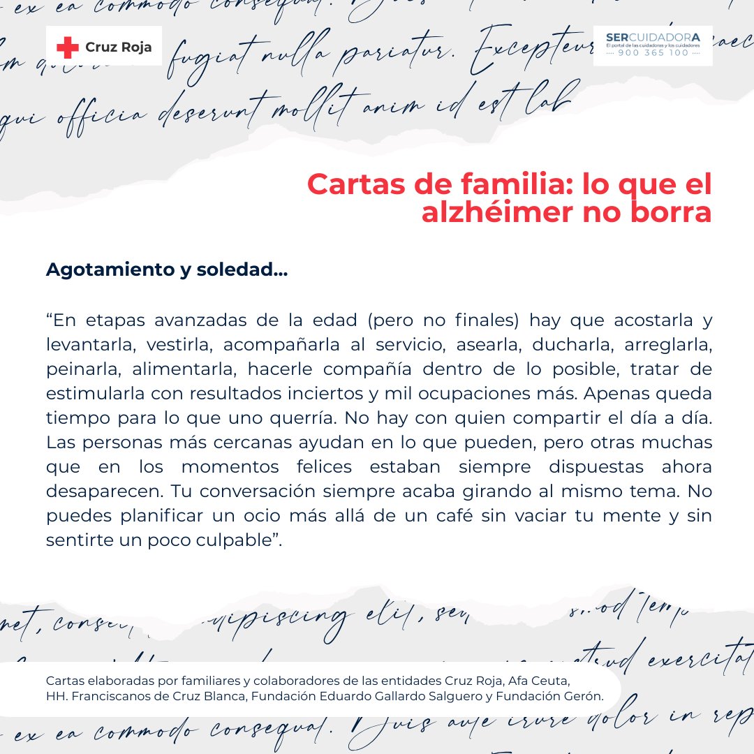 Hoy compartimos dos cartas que nos hablan del agotamiento y de los sentimientos que muchas veces se esconden: la tristeza, el miedo, la soledad que acompaña a quienes cuidan y a quienes viven con Alzheimer.

#NovedadesSerCuidadorA #DiaMundialDelAlzheimer #IgualandoDerechos