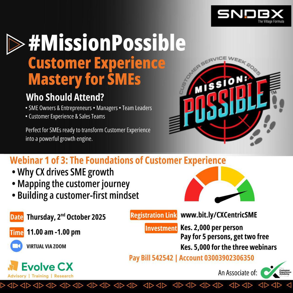 🚀 The fastest-growing SMEs have 1 thing in common: they obsess over customers.

Join Dr. <a href="/KiruthuLucy/">Dr. Lucy Kiruthu CCXP, XMP</a>  of <a href="/EvolveCX/">Evolve CX - Customer Experience</a> for a 3-part Customer Experience Mastery series to learn how to wow customers, Build loyalty and Unlock growth
👉 Register: bit.ly/CXCentricSME
#CXMastery