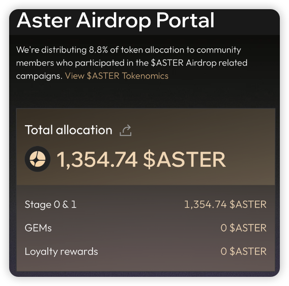 我的天，感谢巫师提醒。去翻了一下钱包发现还真有空投奖励。拿了 1354 个 ASTER 😆

我记得是很早之前参与 BNB 理财的
如何查询空投：
1、打开币安钱包-【发现】
2、上方地址栏搜索-输入【Aster】
3、找到【ASTER Airdrop checker】
4、连接钱包、签名【claimed】
5、领取以后点击【check balance】