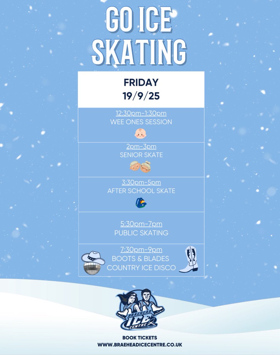 ❄️ | 𝑪𝒐𝒐𝒍 𝑭𝒓𝒊𝒅𝒂𝒚𝒔 𝒂𝒕 𝑩𝒓𝒂𝒆𝒉𝒆𝒂𝒅 𝑰𝒄𝒆 𝑪𝒆𝒏𝒕𝒓𝒆!

Lace up your skates and get ready for a day full of glides, vibes, and good times! 

🍼 Wee Ones - 12:30pm
👵🏻 Senior Skate - 2:00pm
🎒 After School Skate - 3:30pm
⛸️ Public Session - 5:30pm
 ✨ Boots &amp;