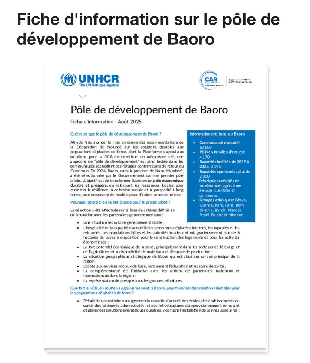 UNHCR_CAR's tweet image. À #Baoro, le &quot;pôle de développement&quot; soutient les retours &amp;amp; des #SolutionsDurables pour les communautés.
Avec le Gouvernement 🇨🇫 &amp;amp; les partenaires, nous construisons logements 🏠 &amp;amp; infrastructures essentielles 🏫🏥.
✅ Découvrez la fiche d’information 👇🏽
 url-shortener.me/5913