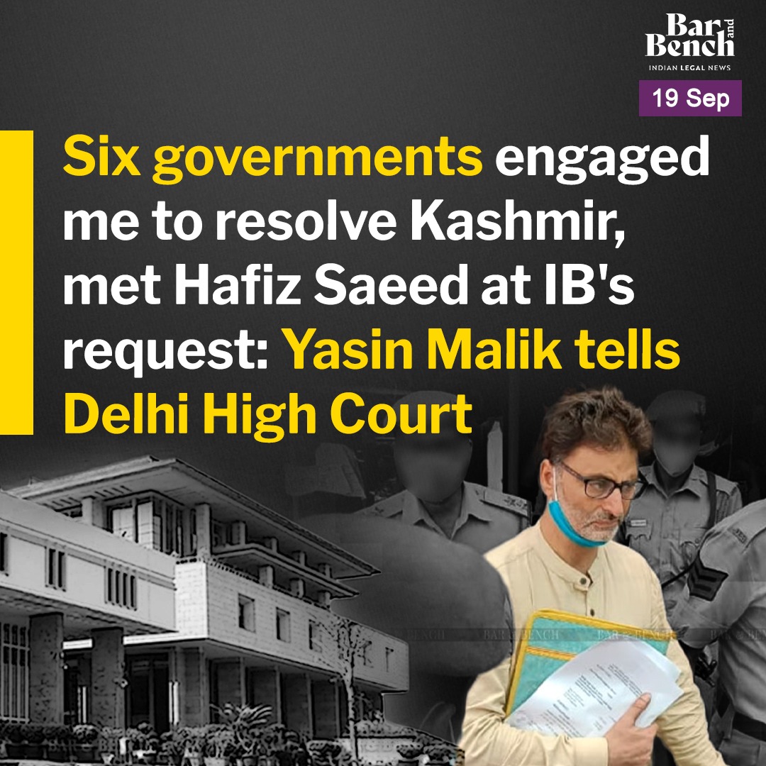 Bar and Bench (@barandbench) on Twitter photo Former Kashmir separatist leader Yasin Malik has claimed that after his arrest in 1990, he was actively engaged by six consecutive governments headed by VP Singh to Manmohan Singh, to speak about the Kashmir cause and resolve the issue. 
Malik further told the Delhi High Court Former Kashmir separatist leader Yasin Malik has claimed that after his arrest in 1990, he was actively engaged by six consecutive governments headed by VP Singh to Manmohan Singh, to speak about the Kashmir cause and resolve the issue. 
Malik further told the Delhi High Court