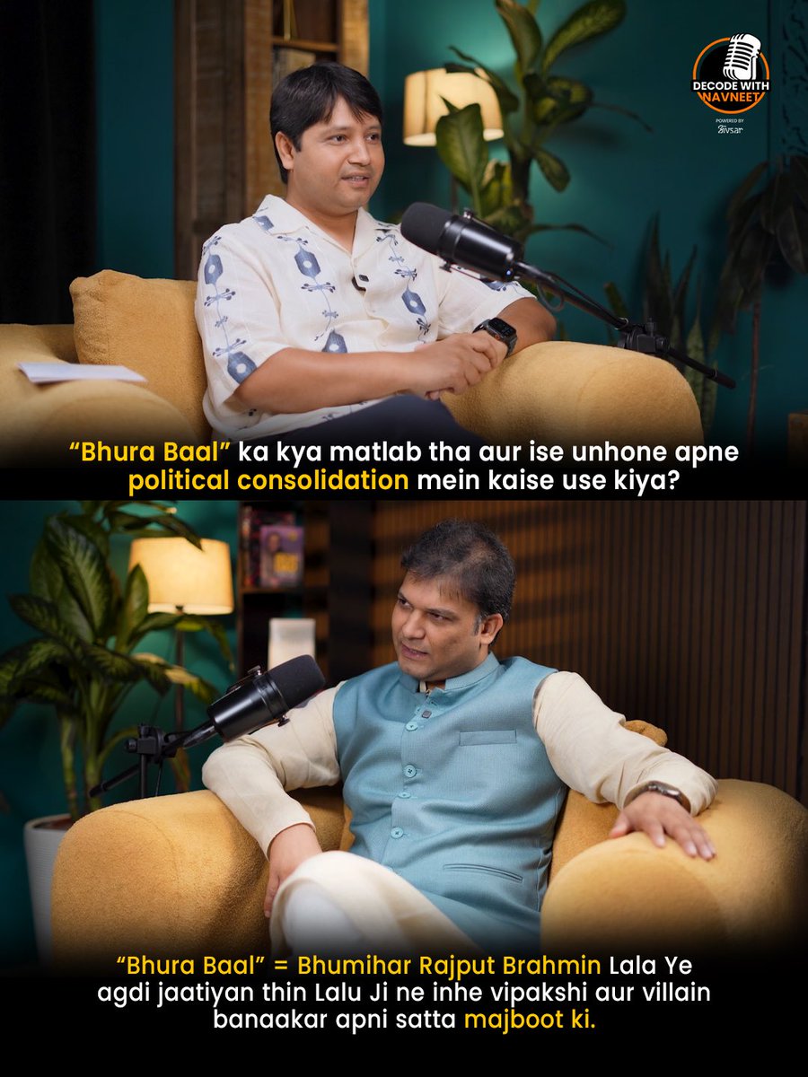 navneetdecode's tweet image. Bhura Baal” = Bhumihar, Rajput, Brahmin, Lala.
Lalu Ji used this slogan to paint upper castes as the “villains” and consolidate his rule by mobilizing Dalits and OBCs. A turning point in Bihar’s caste politics.

#DecodeWithNavneet #BhuraBaal #BiharPolitics