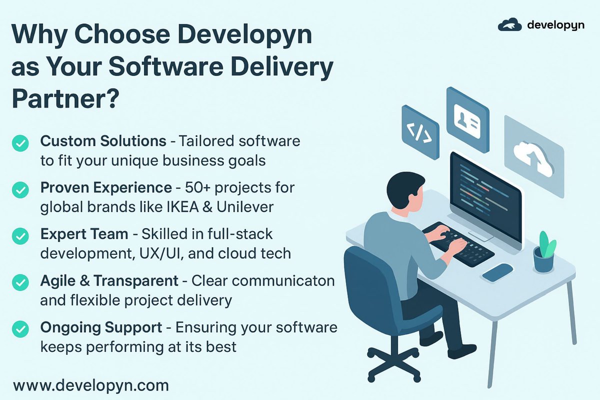 developyn's tweet image. 🤝 Why choose Developyn as your software partner?
✅ Tailored solutions for your goals
✅ Proven expertise across industries
✅ Agile, transparent &amp;amp; future-ready
✅ End-to-end support from idea to launch
👉 developyn.com 
#CustomSoftware #BusinessGrowth #Developyn