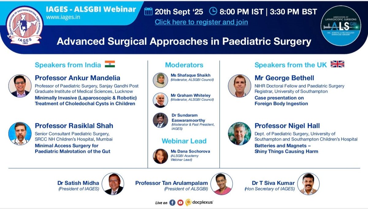 ALSGBI Academy (@alsgbiacademy) on Twitter photo 1 day to go to the anticipated <a href="/IAGES_Konnect/">IAGES</a> <a href="/ALSGBandI/">ALSGBandI</a> Webinar on Advanced Surgical Approaches in Paediatric Surgery!
🗓️ 20th Sept (Tomorrow!)
⏰3:30pm BST / 8PM IST
💸 FREE
Link for registration: docplexus.com/open-webinar/b…
<a href="/PsionjournalEd/">Paediatric Surgery International Online Network</a> <a href="/ASiTofficial/">ASiT</a> <a href="/asgbi/">ASGBI</a> 1 day to go to the anticipated <a href="/IAGES_Konnect/">IAGES</a> <a href="/ALSGBandI/">ALSGBandI</a> Webinar on Advanced Surgical Approaches in Paediatric Surgery!
🗓️ 20th Sept (Tomorrow!)
⏰3:30pm BST / 8PM IST
💸 FREE
Link for registration: docplexus.com/open-webinar/b…
<a href="/PsionjournalEd/">Paediatric Surgery International Online Network</a> <a href="/ASiTofficial/">ASiT</a> <a href="/asgbi/">ASGBI</a>