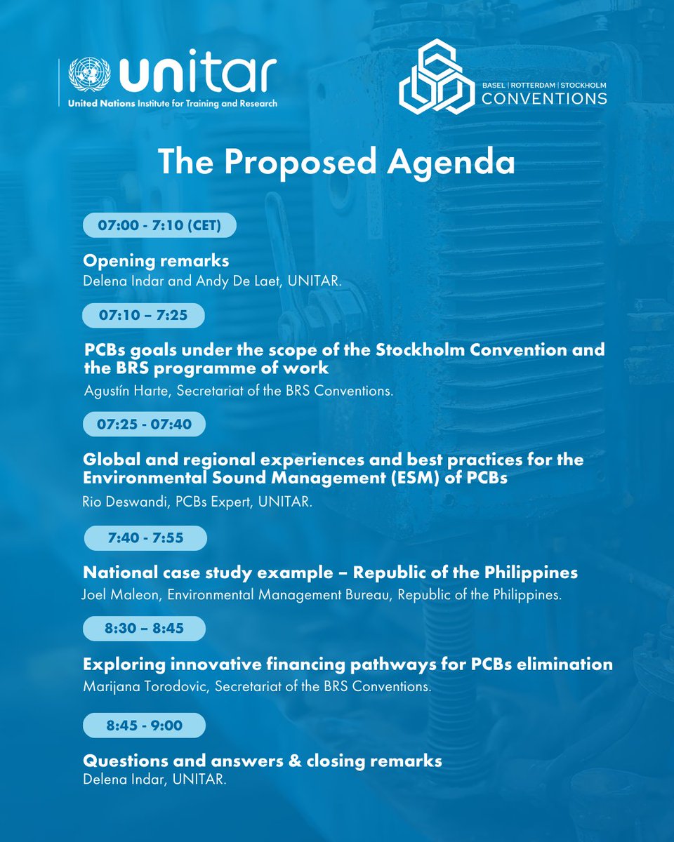 UNITAR's tweet image. Join our Regional Webinar: Making Visible the Legacy of PCBs for the Pacific and Australia.

🗓️ 25 September

🕚 3 p.m. - 5 p.m. (GMT+10) | 7 a.m. - 9 a.m (CET)

📍 Online | English 

Register here ➡️ f.mtr.cool/gxolxxcfnd

#PCBs #BRSConventions