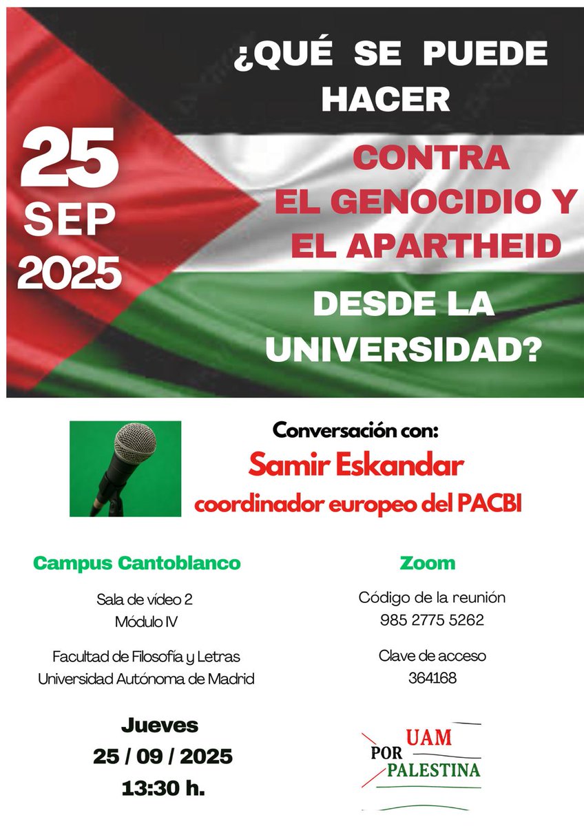 🗣️ El jueves 25 de septiembre se celebra «¿Qué se puede hacer contra el genocidio y el apartheid desde la universidad?», una conversación con Samir Eskandar, coordinador europeo del PACBI.
Formato híbrido. 
¡Os esperamos!