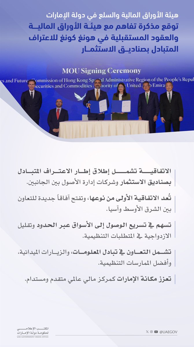 هيئة الأوراق المالية والسلع في دولة الإمارات توقع مذكرة تفاهم مع هيئة الأوراق المالية والعقود المستقبلية في هونغ كونغ للاعتراف المتبادل بصناديق الاستثمار
