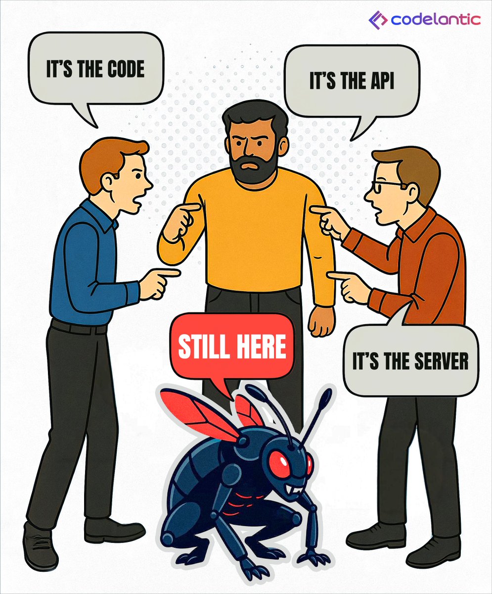 CodeLantic's tweet image. Every dev knows the blame game… but at the end of the day, the bug always wins (until we squash it 🚀). That’s why at Codelantic , we don’t just pass the blame we fix the problem.”
#DevLife #CodingMemes #SoftwareHumor #BugLife #DeveloperProblems #TechMeme #SoftwareEngineering