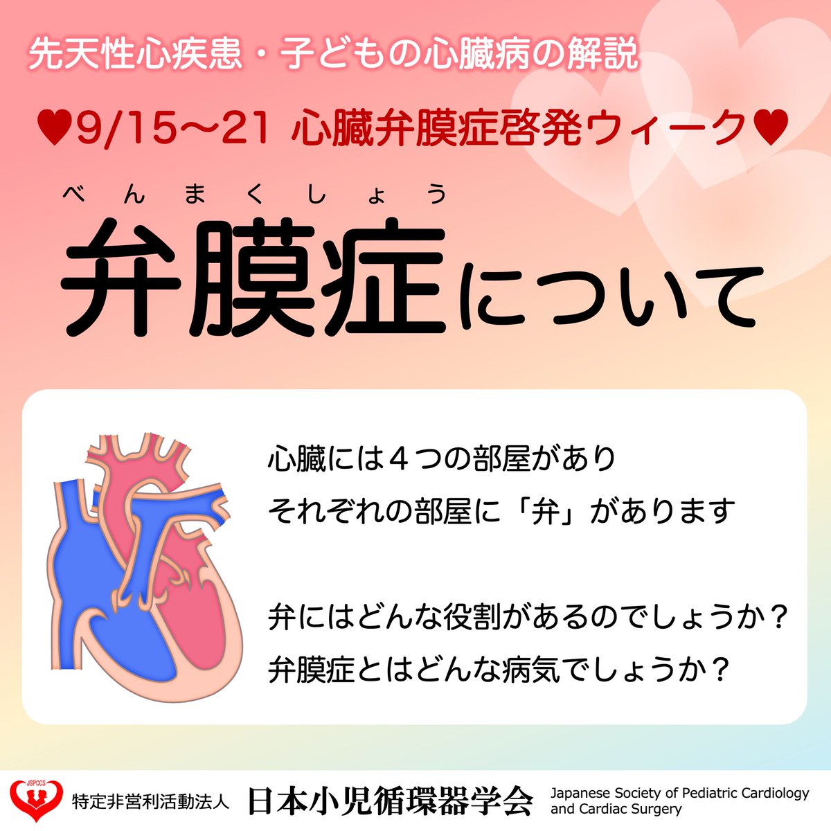 JSPCCS's tweet image. 【公式Instagramより】

日本小児循環器学会です😊
 
❤️子どもの心臓病の解説 ❤️
 
＼弁膜症について／

2025年9月15日～21日は ”心臓弁膜症啓発ウィーク“ 

生まれつきの場合や、若い人、お年寄りの方まで、
あらゆる年齢の人が発症する可能性のある病気です！

弁膜症はどんな病気で、…