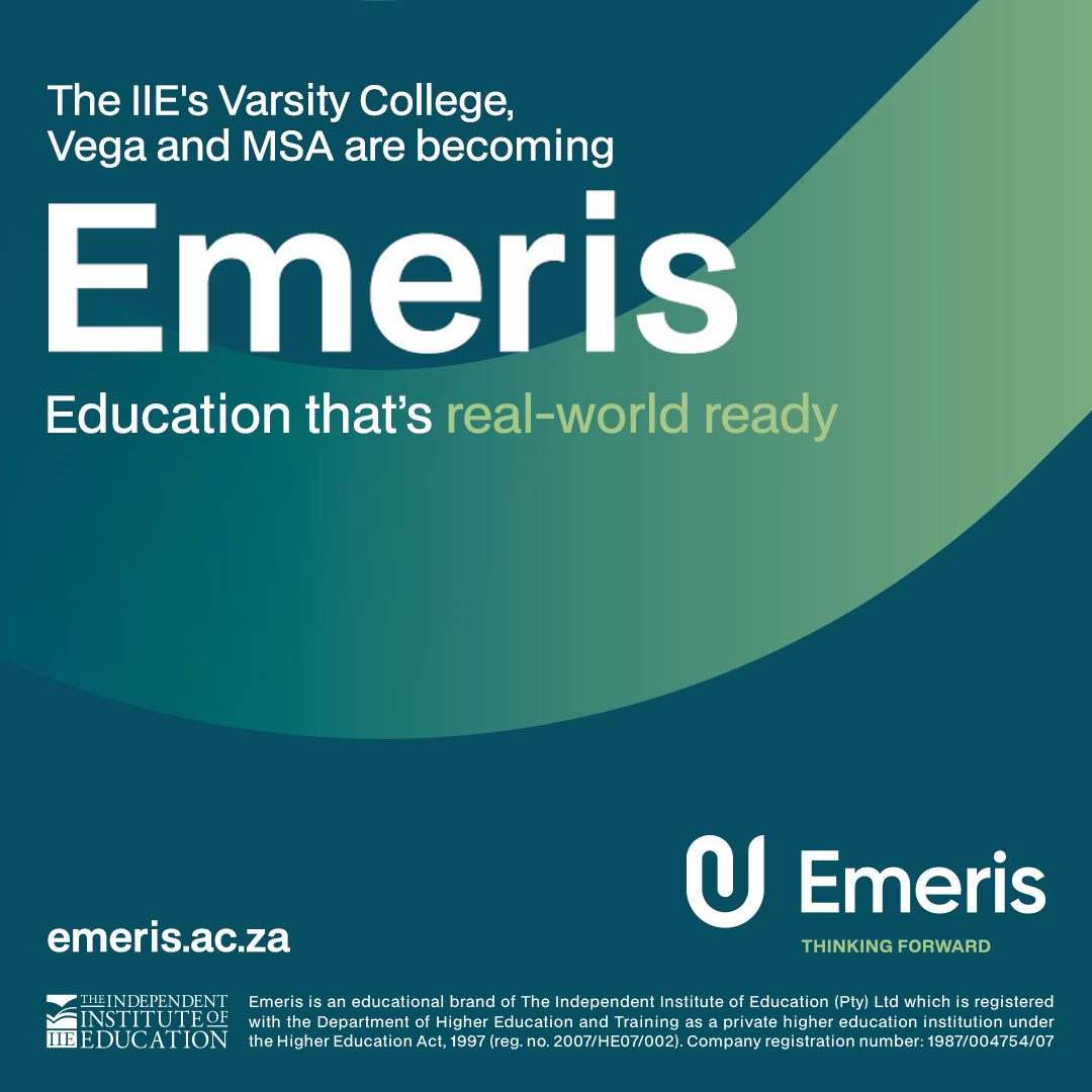 Big news! The IIE’s Varsity College, Vega and MSA are uniting to form Emeris - pioneering a new era in higher education.
emeris.ac.za 
Follow <a href="/emeris/">audiotronic</a>_za (IG/TT/X/YT) @emeris (FB/Li) 

Emeris is a brand of The Independent Institute of Education (The IIE).