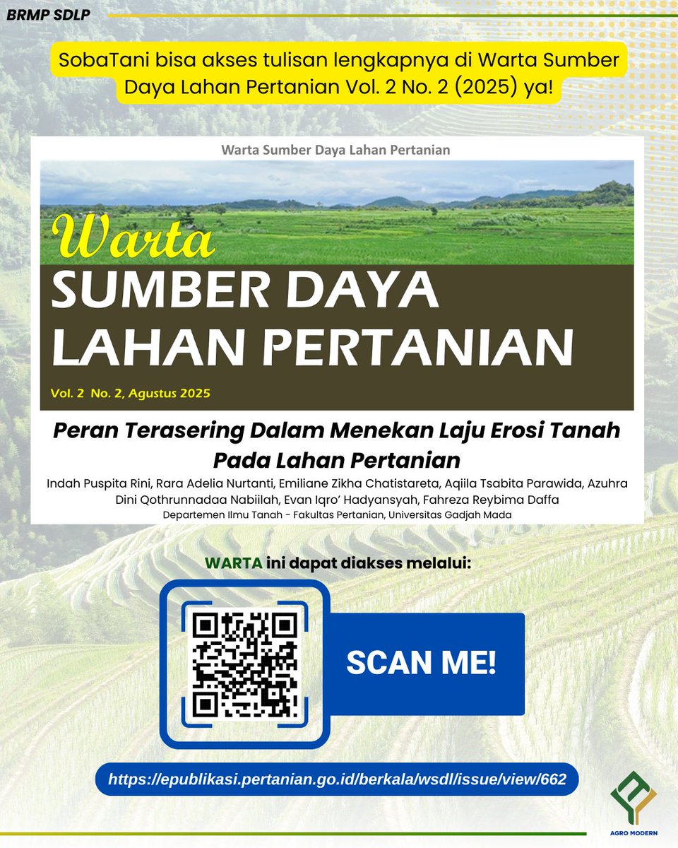 brmpsdlahan's tweet image. SobaTani, ternyata terasering memainkan peran penting untuk menekan erosi tanah di lahan pertanian loh.. 

Yuk akses tulisan lengkapnya di Warta Sumber Daya Lahan Pertanian Vol. 2 No. 2 (2025) di bawah ini:

Link:
epublikasi.pertanian.go.id/berkala/wsdl/i…

#kementerianpertanian #brmpkementan