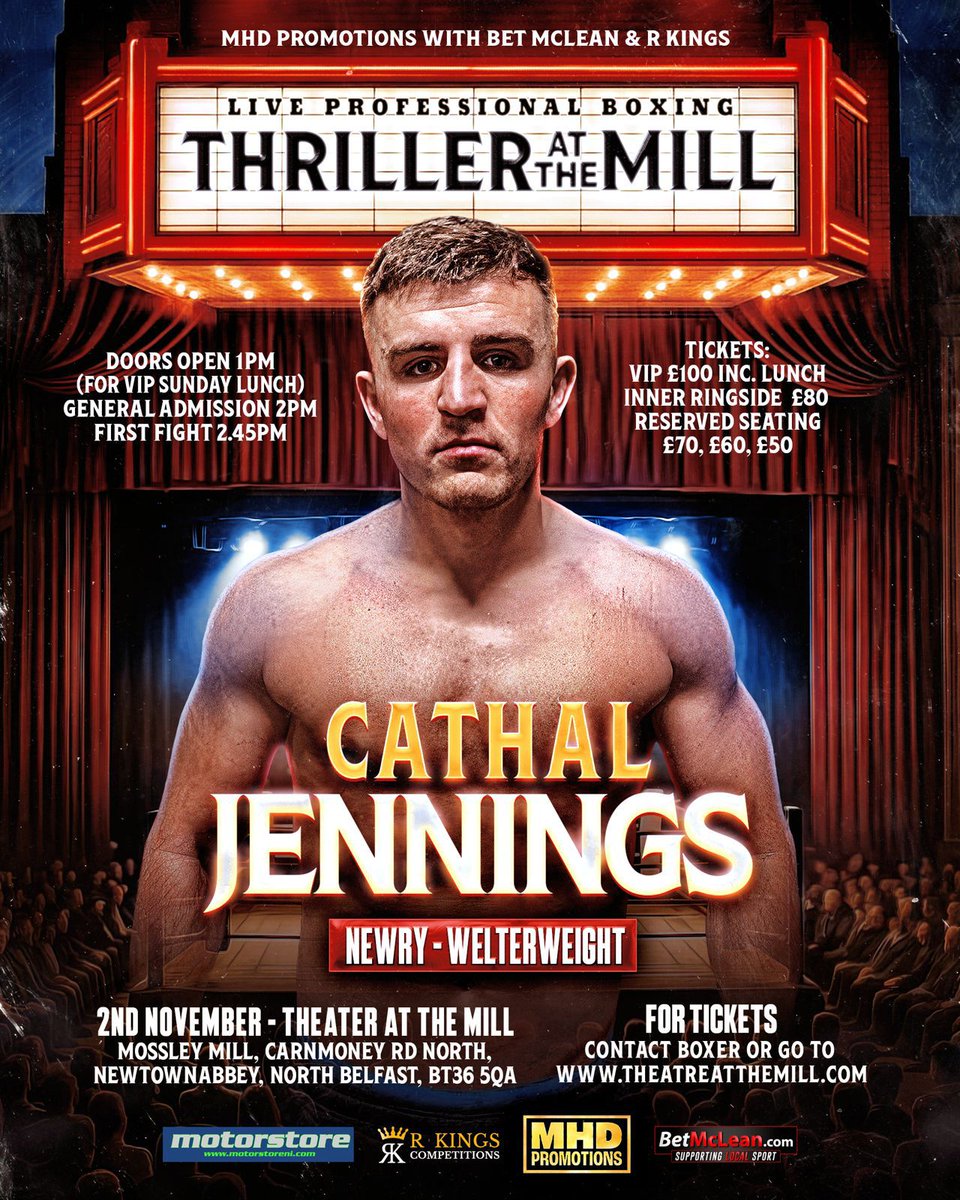 * Fight News *

Cathal Jennings returns for fight 3 as a pro on the <a href="/MARKHDUNLOP/">Mark H Dunlop</a> promoted #ThrillerAtTheMill card on Sunday November 2nd in Newtownabbey 

Looks like it might be a step up to 6 rounds for the first time as a pro for the popular Newry fighter