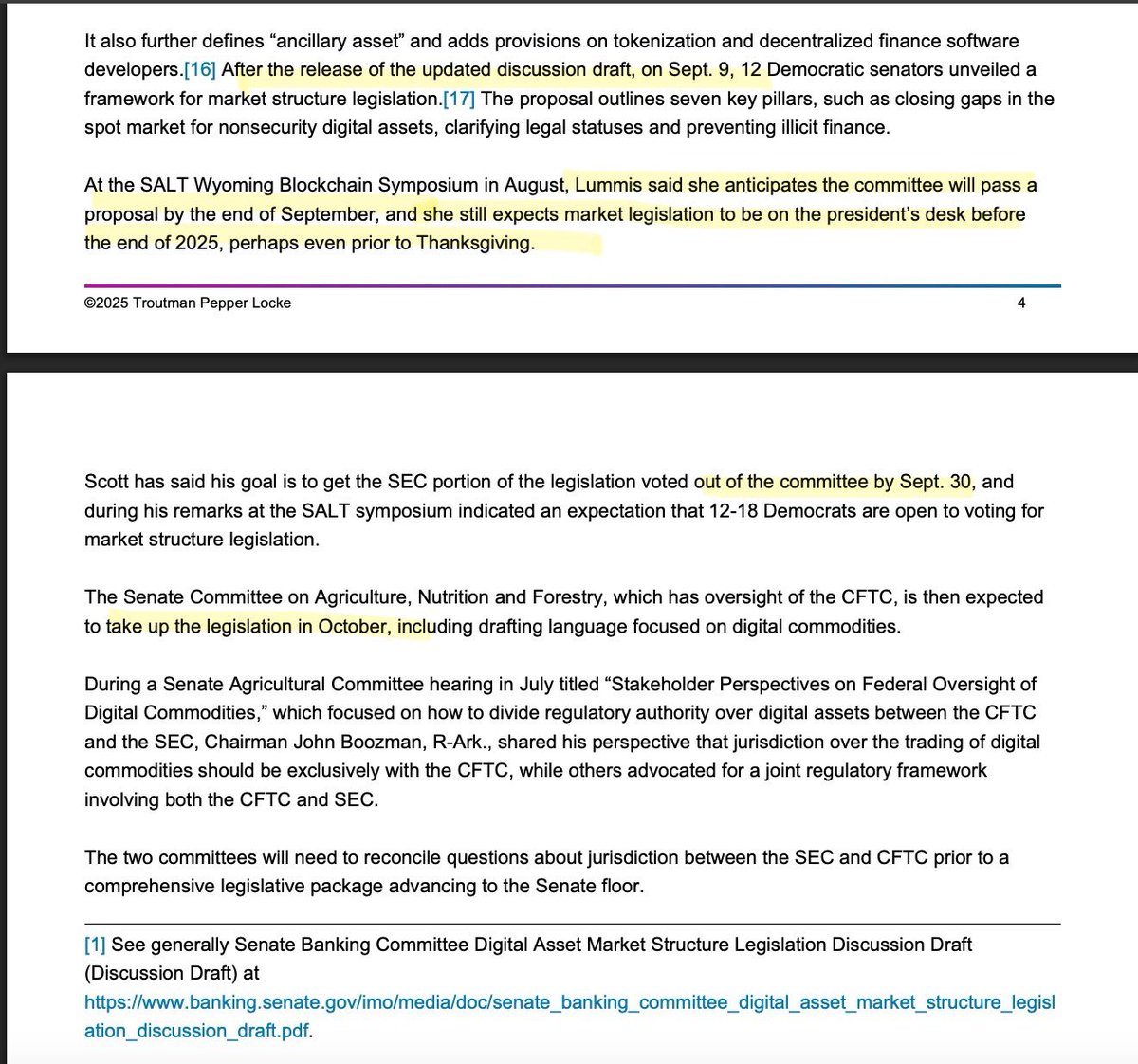 ‼️U.S. CRYPTO Q4 2025 REGULATION TIMELINE REVEALED‼️

September⏰

• Sept. 9: 12 Democratic senators unveil a market structure framework for digital assets.

• By Sept. 30: SEC portion of legislation expected to pass committee.

October⏰

• Senate Agriculture Committee (CFTC