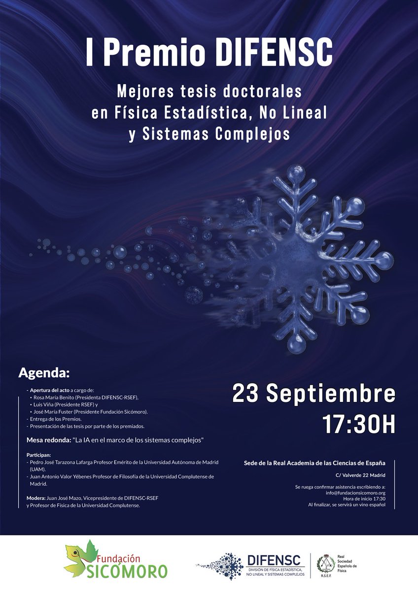 Conoce las dos mejores #tesis doctorales en #Física #Estadística, #NoLineal y #SistemasComplejos en la ceremonia de entrega de los #Premios #DIFENSC, que tendrá lugar el próximo martes 23 de septiembre, a las 19 h, en <a href="/RACiencias/">RACiencias</a>. Inscríbete en info@fundacionsicomoro.org