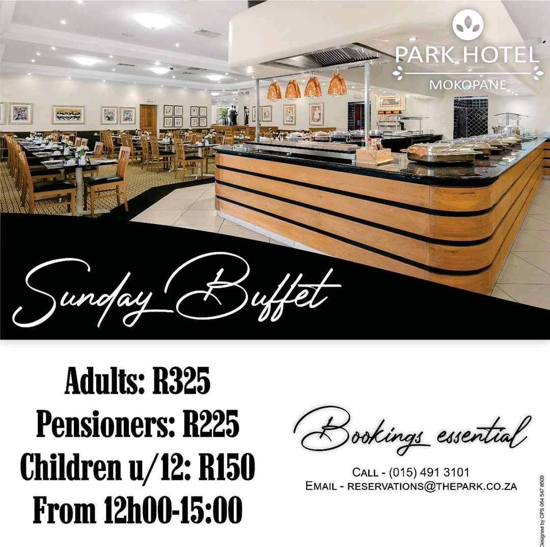 Pages_Potties's tweet image. Make your Sunday special with an indulgent buffet treat at Park Hotel Mokopane! 🌟 Join us from 12:00 to 15:00. Don't miss out—book your spot today! 🍴 #SundayBuffet #FoodLovers #BuffetStyle #TheParkHotel #Mokopane