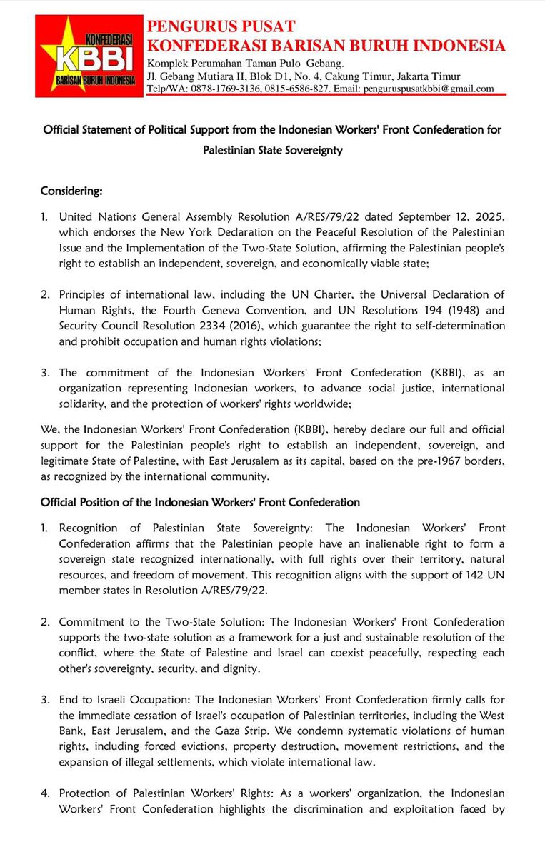 FSebumi's tweet image. Official Statement of Political Support from the Indonesian Workers' Front Confederation for Palestinian State Sovereignty.