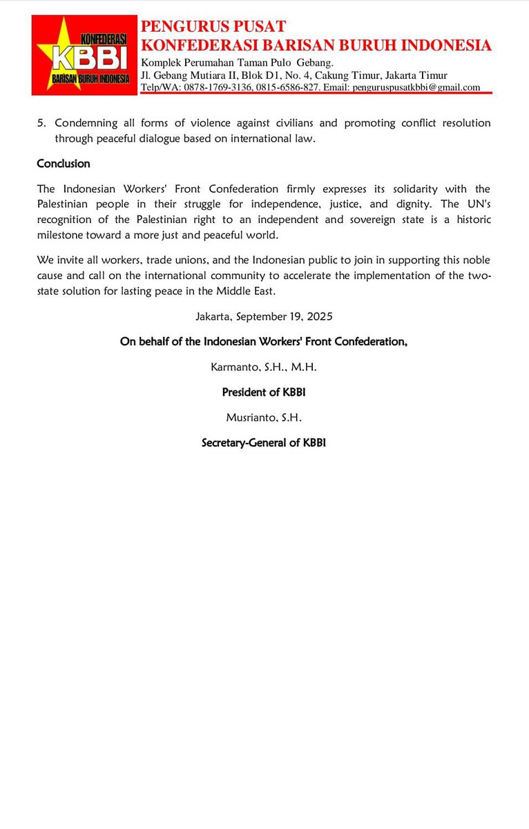FSebumi's tweet image. Official Statement of Political Support from the Indonesian Workers' Front Confederation for Palestinian State Sovereignty.