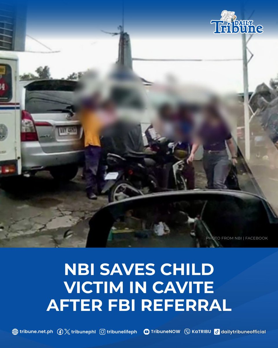 tribunephl's tweet image. The National Bureau of Investigation (NBI) rescued a minor victim of online sexual exploitation (OSAEC) in Bacoor City, Cavite.

Read more at: tribune.net.ph/2025/09/19/nbi…

#dailytribune #NVI #OSAEC