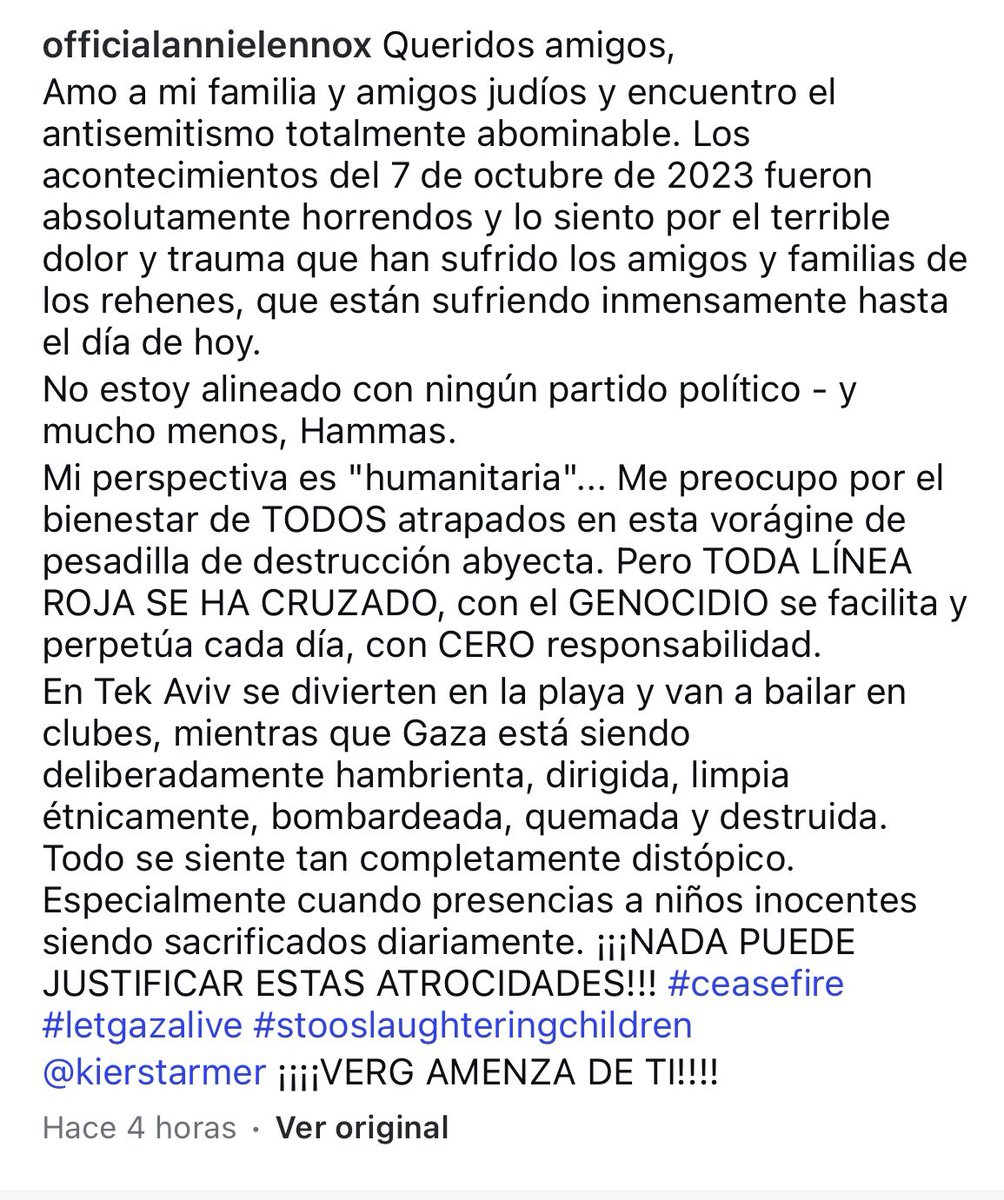 Post de Annie Lennox en Instagram. 

Sí a todo. Qué bien explicado.