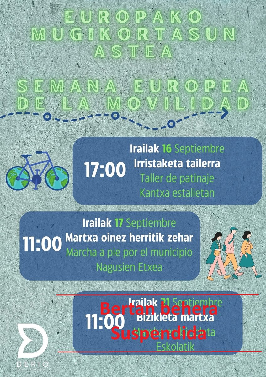📢❌Debido a la previsión de mal tiempo, nos vemos en la obligación de suspender la marcha en bicicleta prevista para este domingo 21 de septiembre, en el marco de la Semana Europea de la Movilidad. Lamentamos las molestias, agradecemos vuestra comprensión.

💚 #DerioCreceContigo