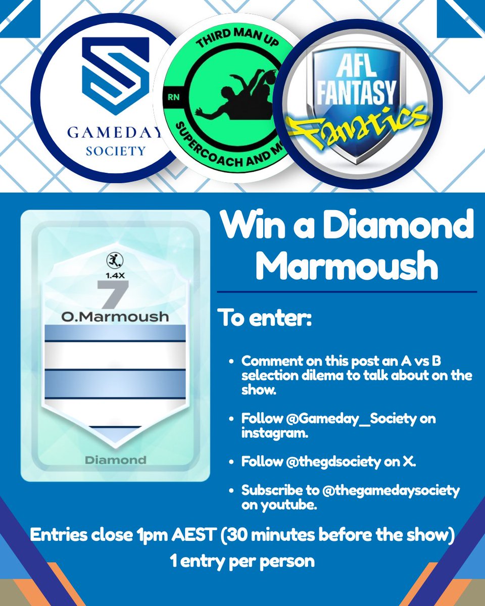 Join us at 1.30pm AEST Saturday over on YouTube for the Round 5 English Football <a href="/GamedaySquad/">GameDay Squad - Fantasy Sports</a> live show! To celebrate the collaboration with <a href="/aflfantasyfans/">AFL Fantasy Fanatics</a> and <a href="/Third_ManUp/">Third Man Up</a> we're giving away a 💎 Marmoush to one lucky viewer! Details in the post! 

##gdsfantasy #epl #FPL