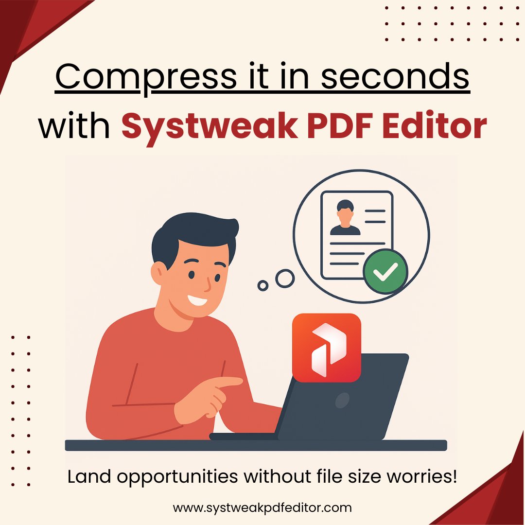 systweak's tweet image. 😟 Big file size stopping you from sending your resume?
Don’t worry—shrink it in seconds with Systweak PDF Editor! 💼✅
Make every application count.
👉 Visit: systweakpdfeditor.com/?utm_source=sy…
 #PDFCompression #Systweak