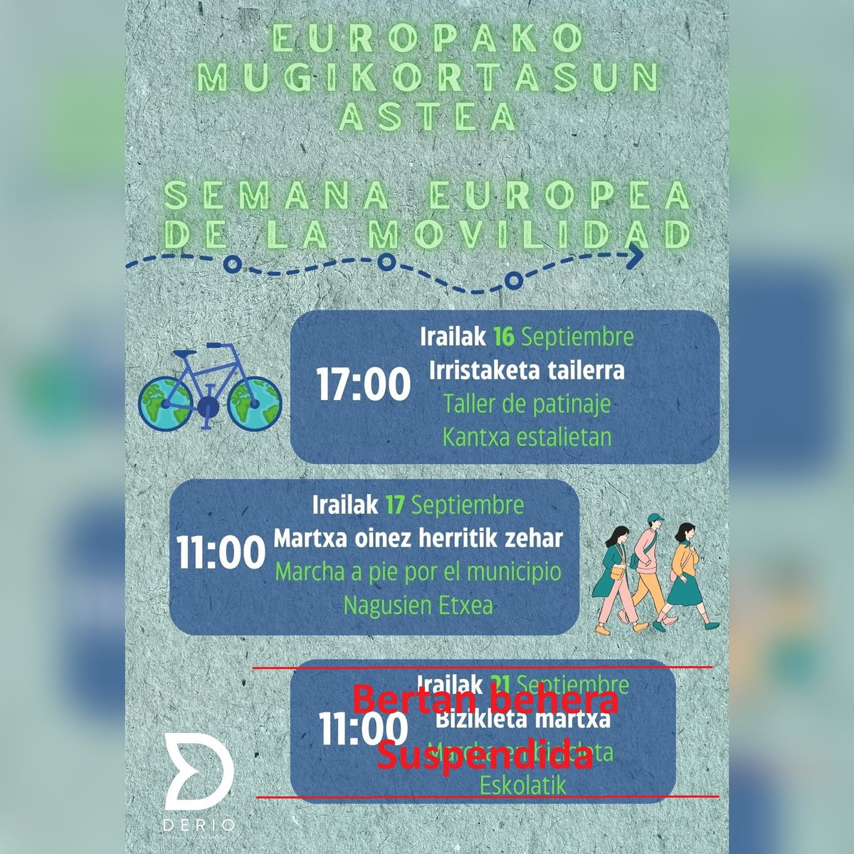 📢🚲❌ Eguraldi txarraren aurreikuspenaren ondorioz, Europako Mugikortasun Astearen baitan igande honetarako, irailak 21, aurreikusita zegoen bizikleta martxa bertan behera utzi beharko dugu. Barkatu eragozpenak eta eskerrik asko zuen ulermenagatik.

💚 #DerioZurekinAurrera