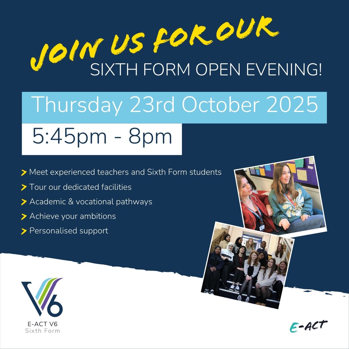 Thinking about your next steps after GCSEs? Come along to the V6 Sixth Form Open Evening on Thursday 23 October, 5:45–6pm! Meet the team, explore your options, and discover what makes V6 stand out <a href="/EducationEACT/">E-ACT</a> <a href="/BristolEdu/">Linda Tanner</a> <a href="/MontpelierHigh/">E-ACT Montpelier High School</a>
