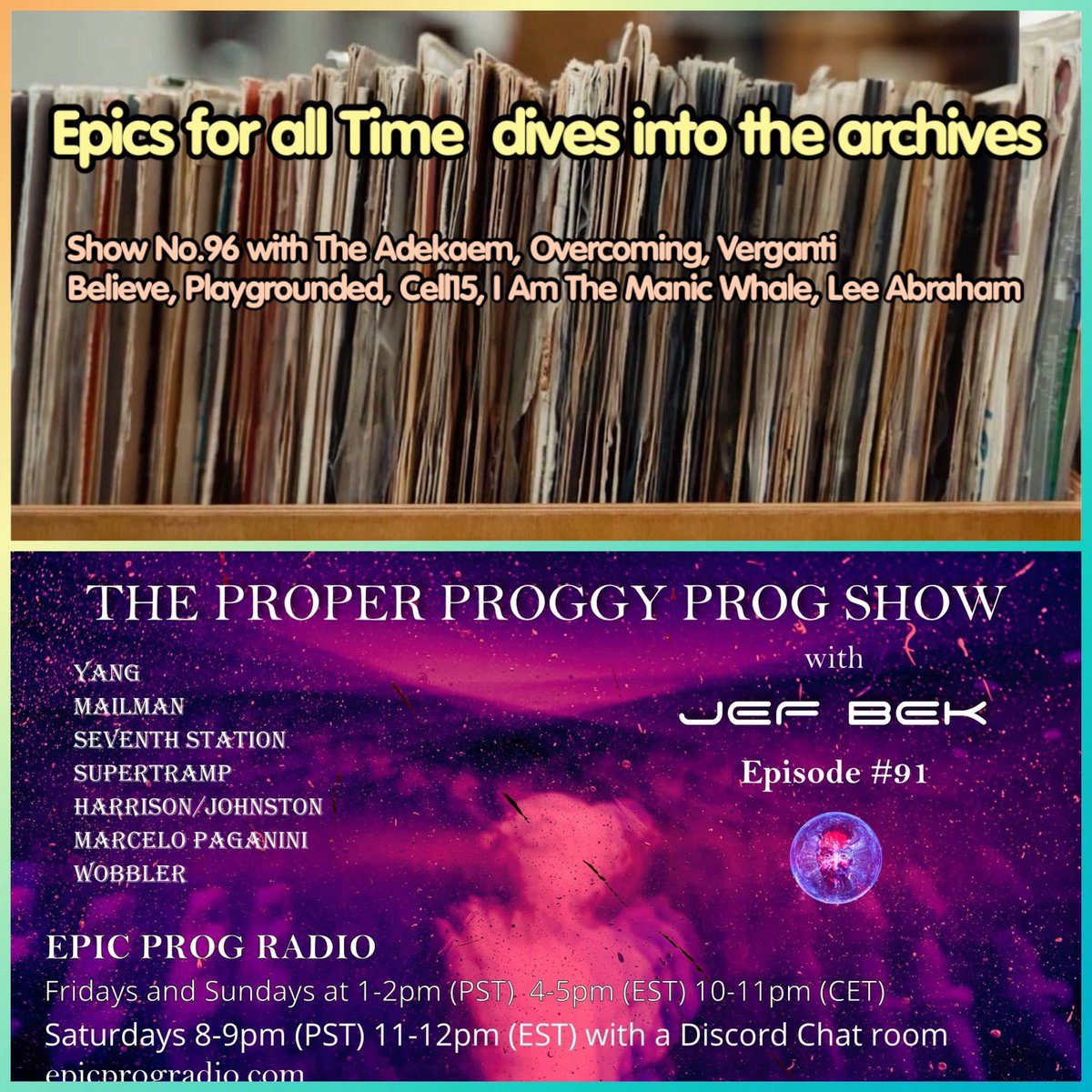 Tonight on Epic Prog Radio!

Epics for all Time  dives into the archives.
Presenter, Jan Bracke
8pm CET, 7pm UK time, 2pm EST

The Proper Proggy Prog Show 
Presenter, Jef Bek
10pm CET, 9pm UK time, 4pm EST

epicprogradio.com 
linktr.ee/epicprogradio

#progressiverock #prog