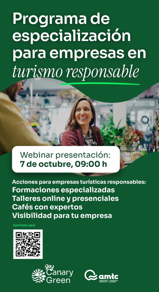 🌿 Abierto el Programa gratuito de especialización en turismo responsable para empresas de Canarias.

💡 Aprende, certifica y consigue el distintivo #SoyCanaryGreen
📅 7/10/25 – 09:00 h
📝 Inscripción: forms.gle/32akPGeZj8Zezu…
📄bit.ly/EmpresasSoyCan… <a href="/AytoArona/">Ayuntamiento Arona</a> <a href="/AmtCanarias/">AMTCanarias</a>