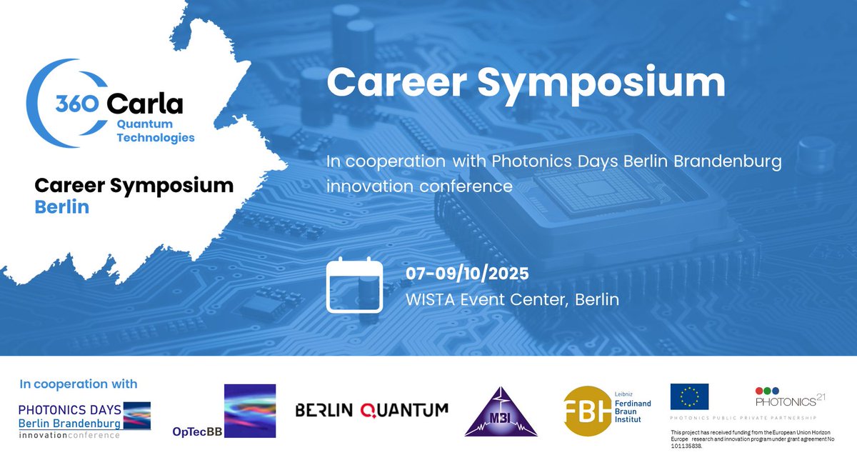 ⚛️ Join us in Berlin for the #36 CARLA Quantum Symposium (Oct 7–9) at #PhotonicsDays2025!

Talks, lab visits, career pitching &amp; networking on quantum imaging, comms, computing &amp; sensing.

🆓 Info and registration: carlahub.eu/events/360-car… 

#360CARLA #carlahub #quantum