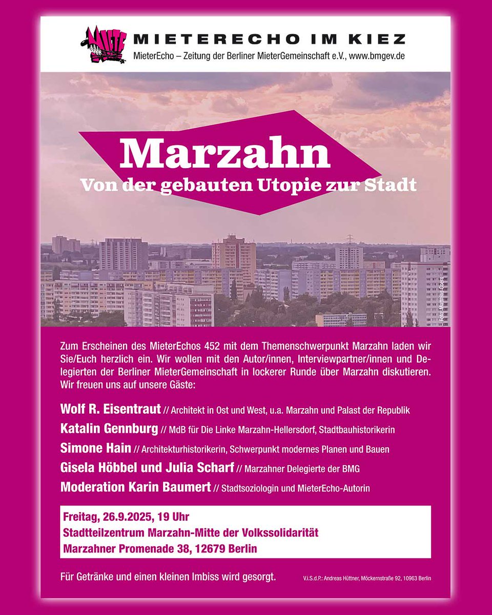 VERANSTALTUNG ZUM HEFT

Marzahn – von der gebauten Utopie zur Stadt

Wir wollen mit unseren Gästen in lockerer Runde über Marzahn diskutieren.

Freitag, 26.9.2025, 19 Uhr
Stadtteilzentrum Marzahn-Mitte der Volkssolidarität
Marzahner Promenade 38, 12679 Berlin