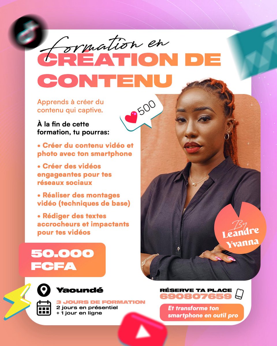 LeandreYvanna's tweet photo. Je lance une formation pratique en création de contenu. 

Elle est conçue pour les entrepreneurs, créateurs et passionnés qui veulent mieux gérer leur image et attirer plus d’opportunités grâce aux réseaux sociaux.
👉 Réserve ta place au 690807659

Rt appréciés👏🏽 https://t.co/03xLFozHz4