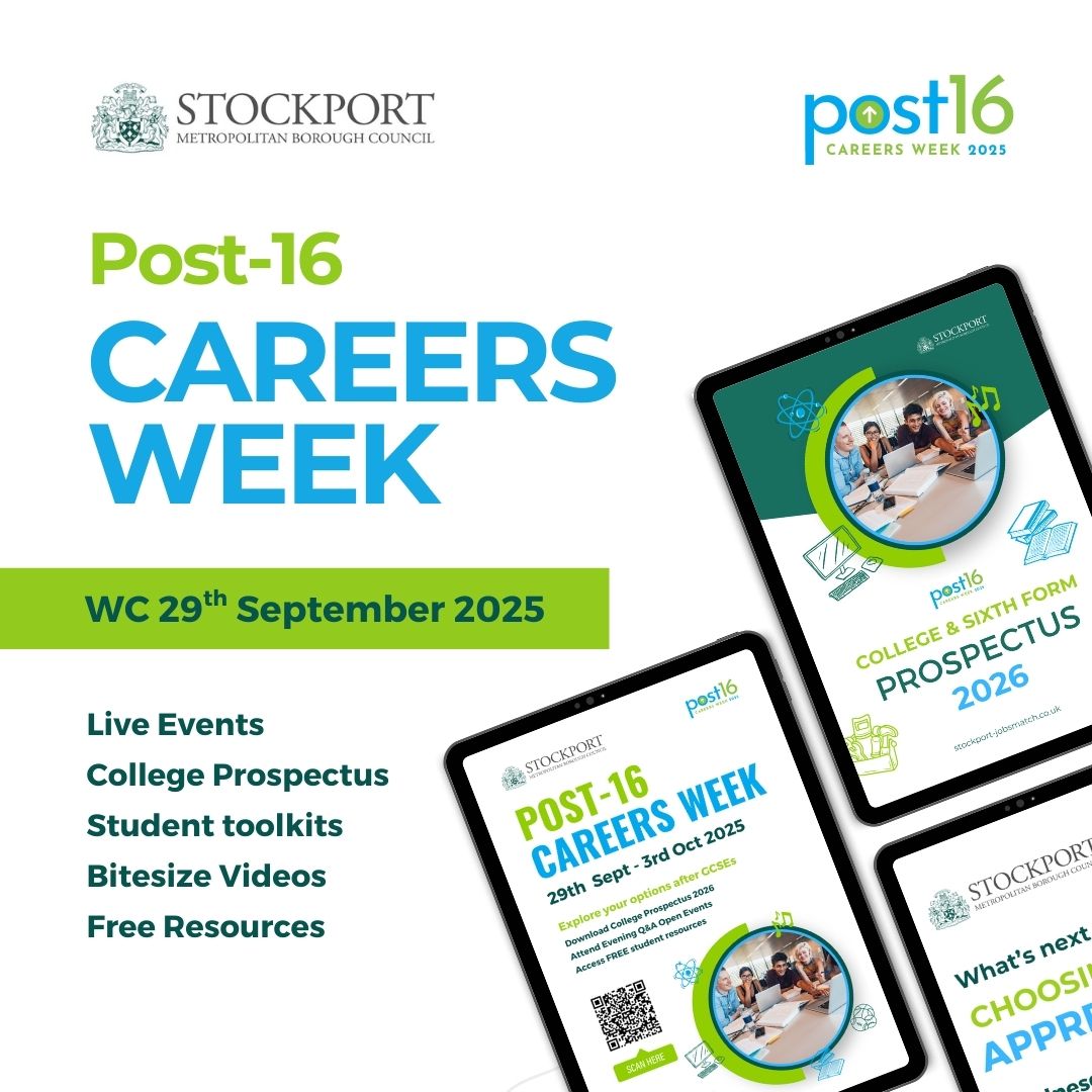 Stockport Council's Post-16 Careers Week 2025 is taking place from 29th September. Sign up for events here:
stockport-jobsmatch.co.uk/post-16-career…

<a href="/StockportMBC/">Stockport Council</a> <a href="/JobsMatchSK/">Stockport Jobs Match</a>