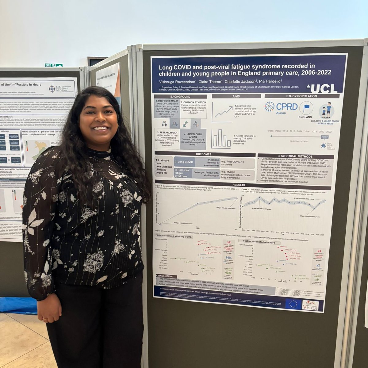 ucl_echild's tweet photo. 🥇 Huge congratulations to our @ich_ppp colleague Vishnuga Raveendran @UCLchildhealth  for winning the best poster award at #ADRUK2025! 🏆🎉 Fantastic recognition for impactful COVID #CPRD work in data for public good @adr_uk @Klharron @kenvhc @HDR_UK @Jo_Lam_ https://t.co/OTF2GbJcIy