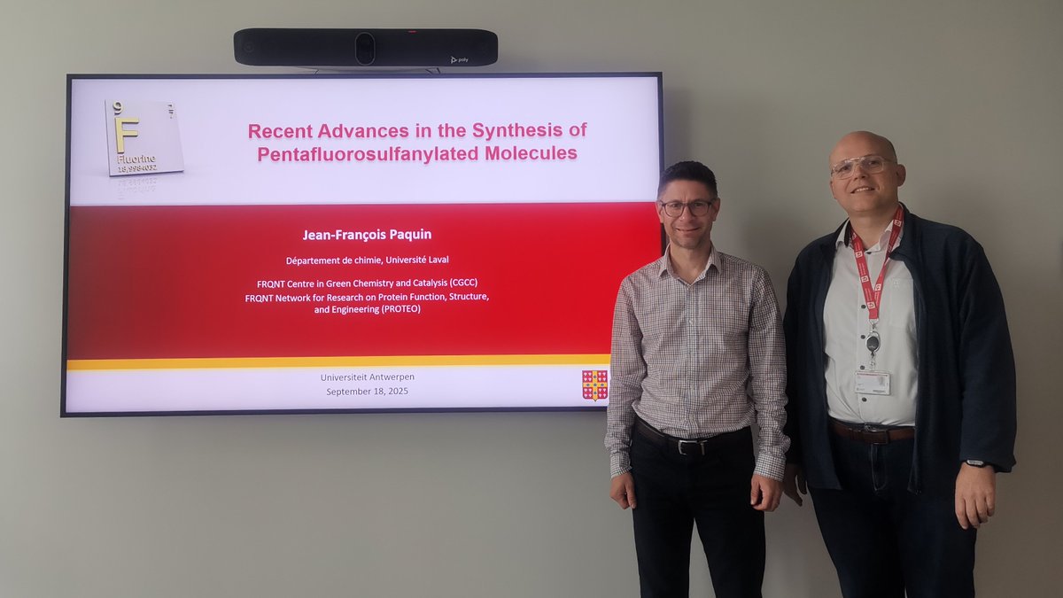 It was a pleasure to have Prof. Jean-Francois Paquin from Québec with us in Antwerp yesterday.
He gave an excellent lecture on the synthesis of SF5-substituted compounds.
Thanks and enjoy the rest of your tour in Belgium.
