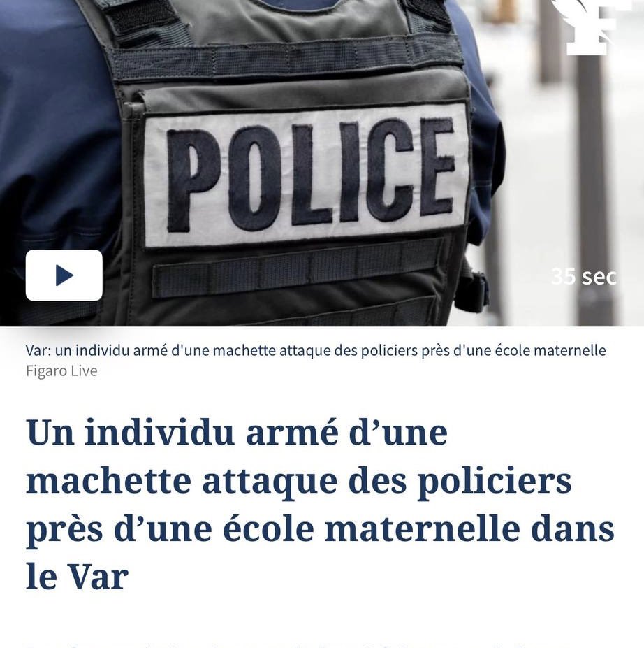 🟡 Un homme armé d’une machette a été neutralisé ce jeudi près d’une école maternelle, après avoir attaqué les policiers venus l’interpeller.

Chaque jour qui passe, la sécurité de nos enfants est toujours plus menacée, comme celle de tous les Français.

Les politiciens ont